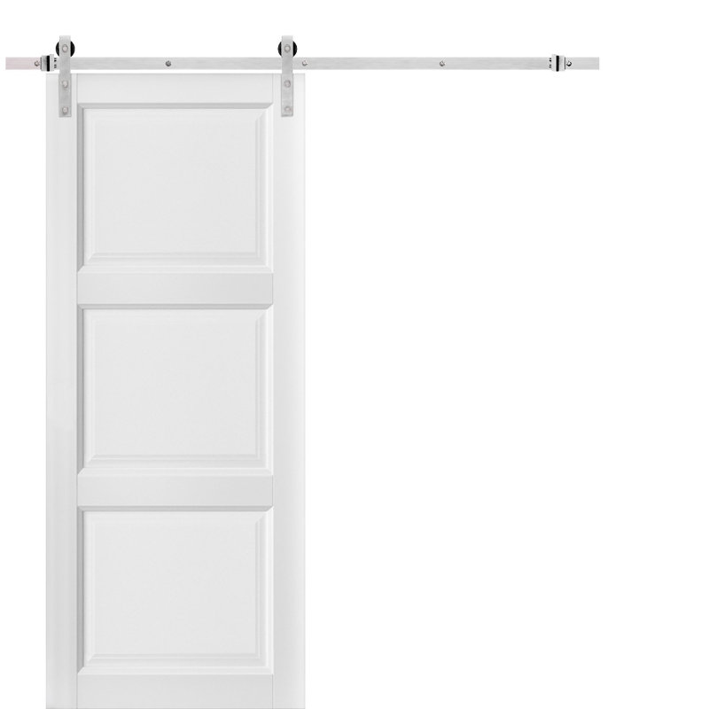 Porte coulissante de style grange avec quincaillerie Lucia 2661, supports de rail de 2 m (6,6 pi), ensemble robuste, porte intérieure à 3 panneaux en bois massif de style Shaker, 91,4 cm x 203,2 cm (36 po x 80 po), rail argenté