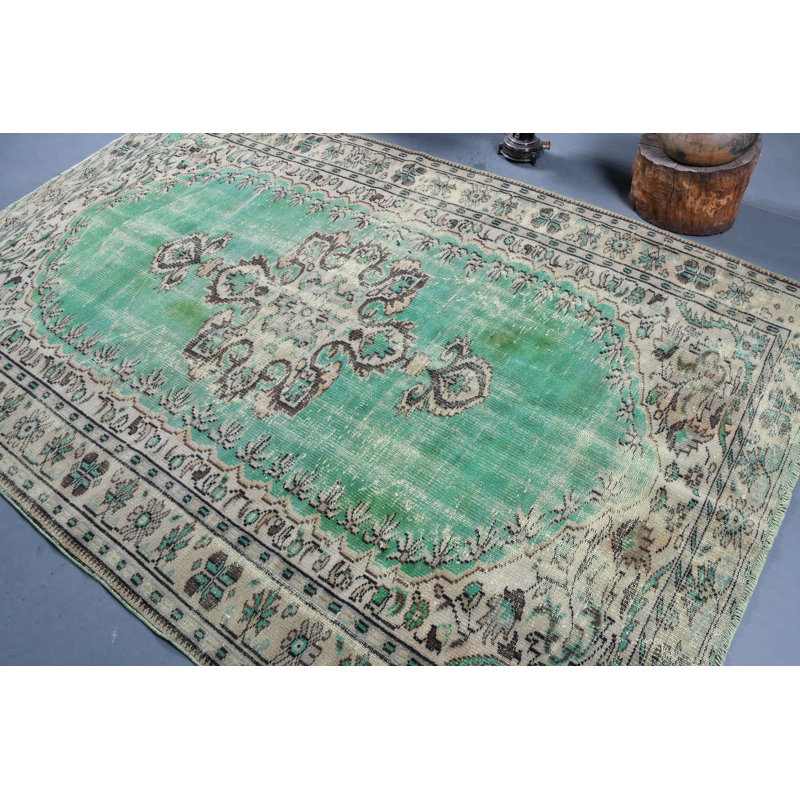 Tapis turc vintage en laine fabriqué à la main de style bohémien noir / vert