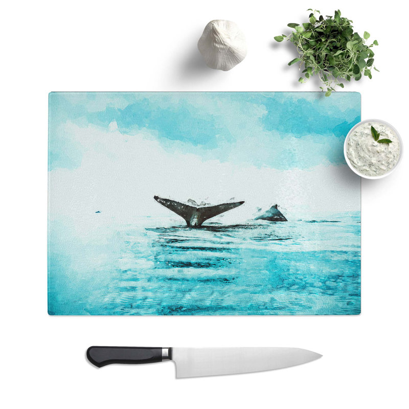 Tempered Glass Two Humpback Whales in Abstract Cutting Board, 28.5 cm W x 20 cm L