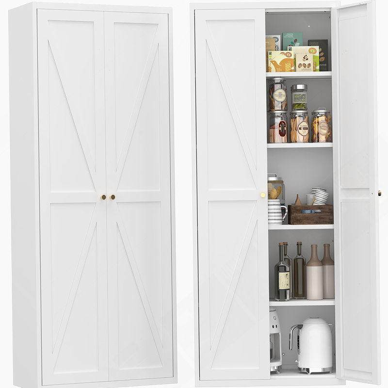 Metal Sideboard, Storage Cabinet, Kitchen Pantry Cabinet With Adjustable Shelves For Kitchen, White
