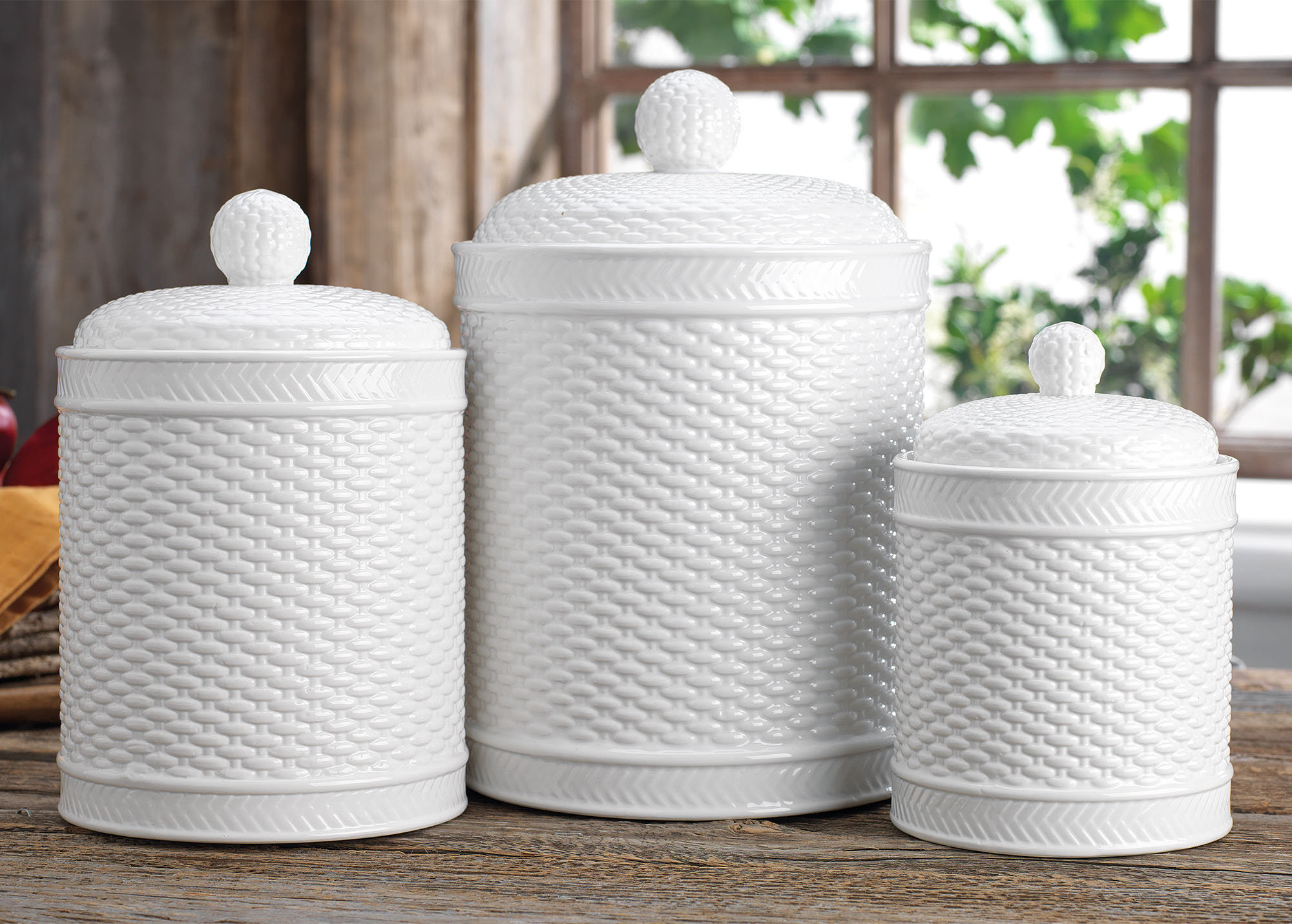 One Allium Way Embossed 3 Piece Kitchen Canister Set, White