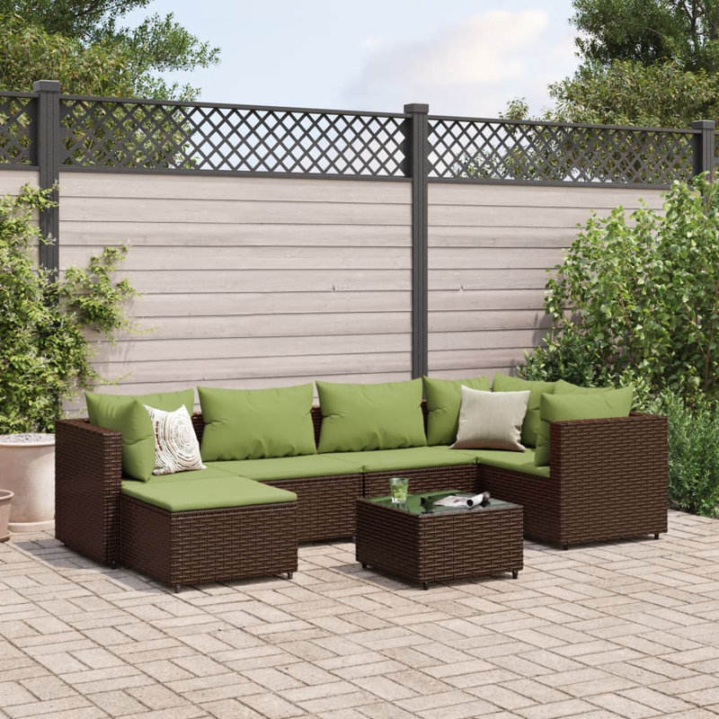 Latitude Run® 7 Piece Patio Lounge Set With Cushions Gray Poly Rattan, Brown, 6, Green