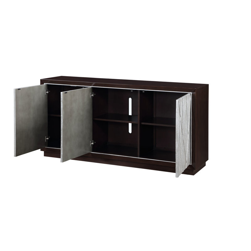 Armoire console moderne à motif géométrique en argent et noyer avec rangement métallique