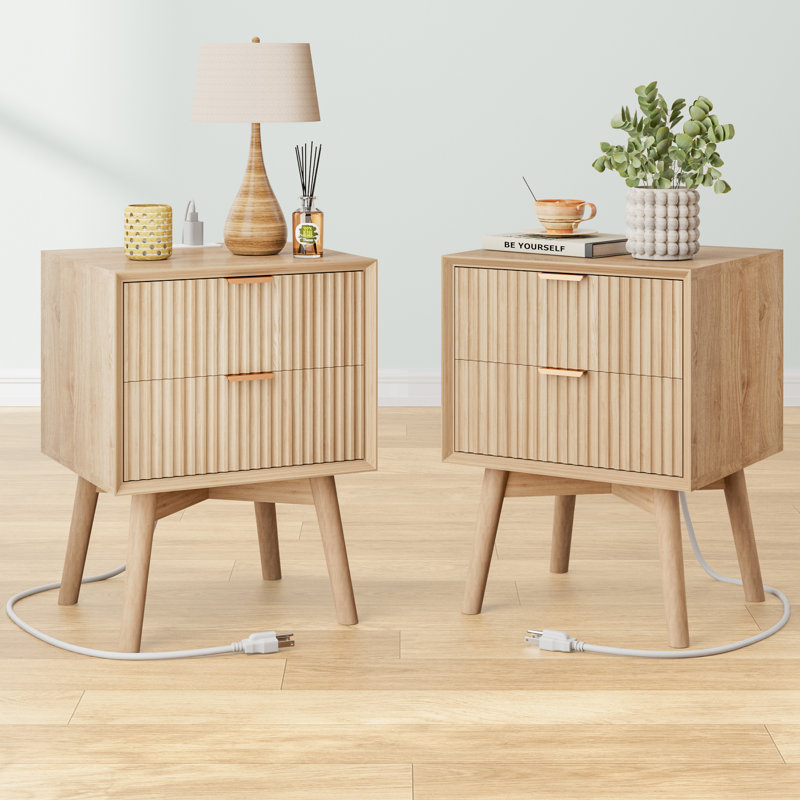Seyla 18" Fluted Nightstand Set of 2 with Charging Station,  Beveled Profile & Solid Wood Legs, 2 Drawers End Table, Set of 2
