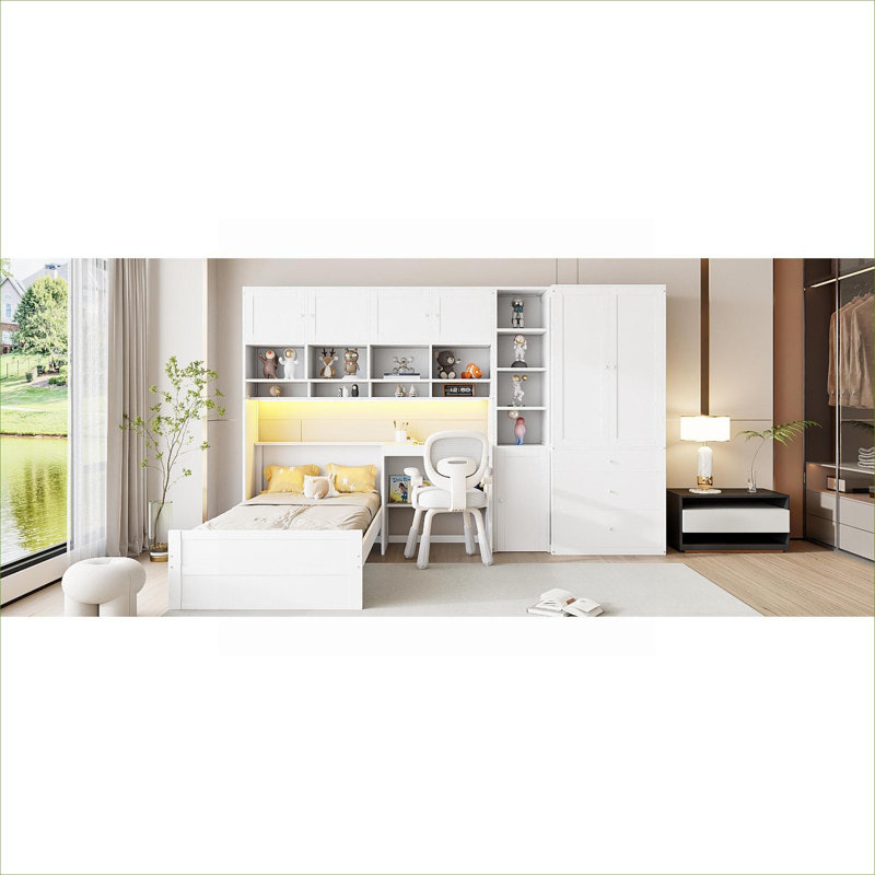 Lit plateforme simple tout-en-un pour petite chambre en bois massif blanc doux avec plan de travail et rangement intégrés