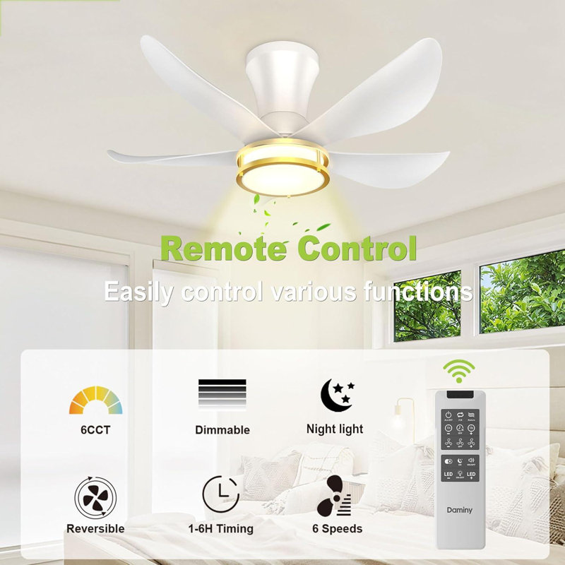 30 Inch 5 Blade Ceiling Fan With Light, Modern Ceiling Fan With Remote,Large Airflow,Flush Mount,6CCT,Dimmable,Noiseless,Bedroom Ceiling Fan