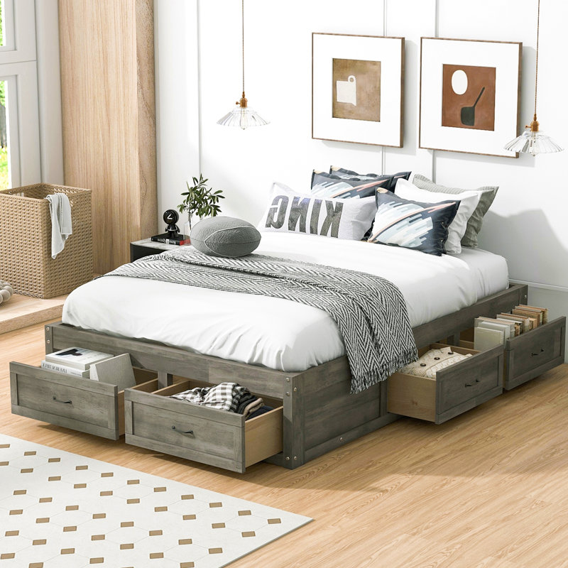 Lit plateforme double avec 6 tiroirs de rangement, Gris antique, Lit double