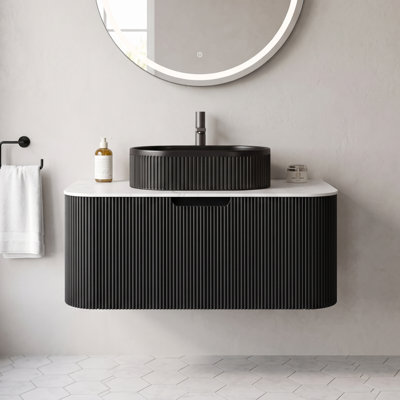 36" Pre-Assembled Wall-Mounted Bathroom Vanity, Plywood Cabinet with Soft Close Drawer, Sintered Stone Countertop & Oval Vessel Ceramic Sink with Pre-Drilled Faucet Hole