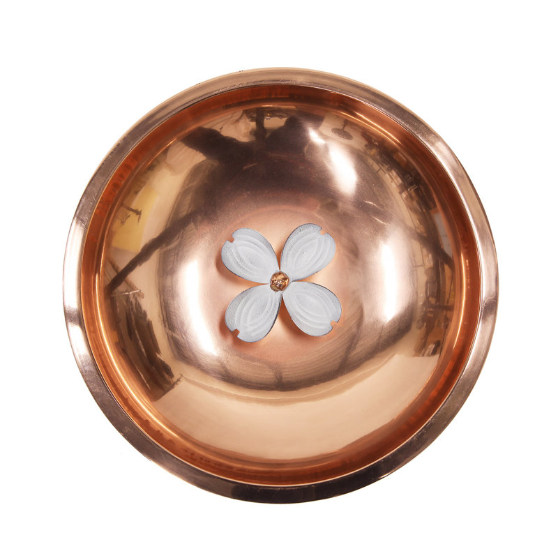 Copper and White Patina Dogwood Birdbath with Rail Mount Bracket