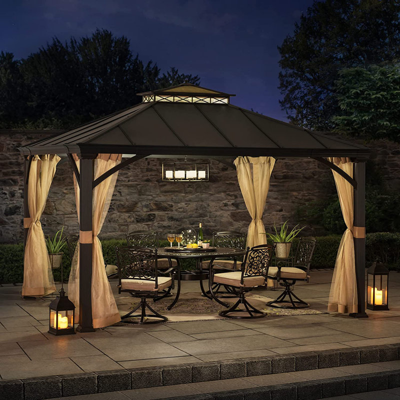 Sunjoy 10 x 12 ft Metal Gazebo with Black Rustproof Aluminum Frame Two Tier, Ceiling Hook and Mosquito Net