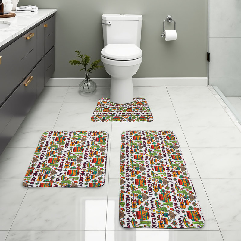  Mexican Bathroom Rug Set 3 Pieces U-Shape & Rectangle Mats Multicolor