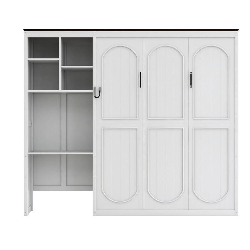 Lit escamotable Queen Size avec bureau intégré et armoire de rangement à plusieurs niveaux, blanc