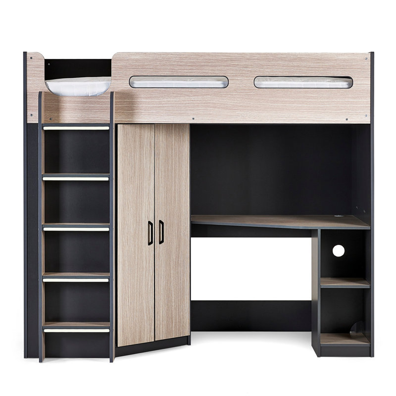 Boylan Single (3') High Sleepers with Storage Included with Desk Included, Woodgrain & Anthracite