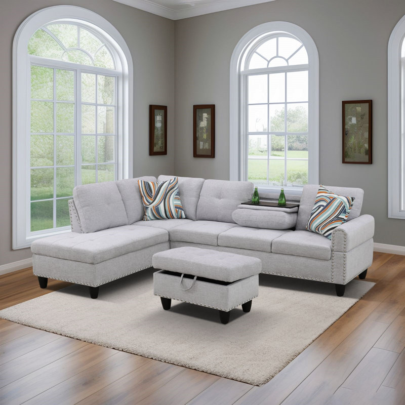Canapé modulaire d'angle en lin avec repose-pieds de 97,2 po Sciortino, Orienté à gauche (vu de face), Tissu gris pâle