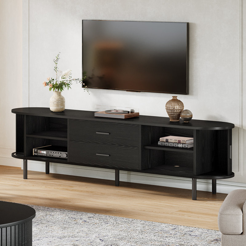 Meuble télé 70 po Mid-Century avec rangement et porte tambour, Noir