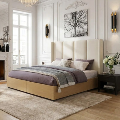 Modern Storage Platform Bed with Extra-Tall Wingback Headboard and Hidden Footboard Drawers