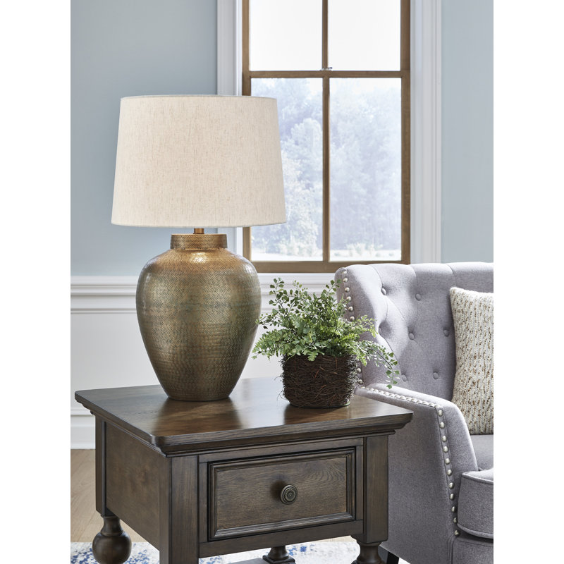Antique Gold Hammered Aluminum Table Lamp with Beige Shade