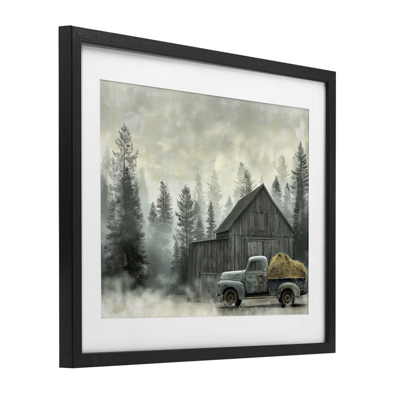 Impression rétro sous verre «Pickup at Misty Barn», conception par Imagine It Images, H 13 po x l 16 po
