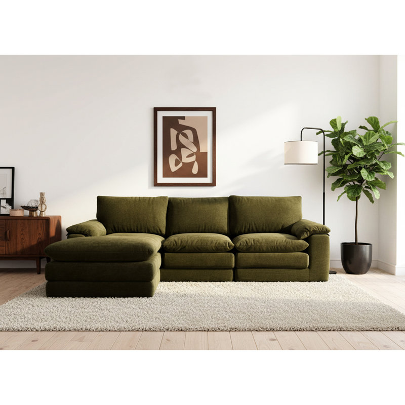 Canapé d'angle modulaire en chenille confortable, forme L, style nuage, avec 1 élément amovible, coussins moelleux, 3 places, idéal pour le salon. Assise et accoudoirs rembourrés, design américain.