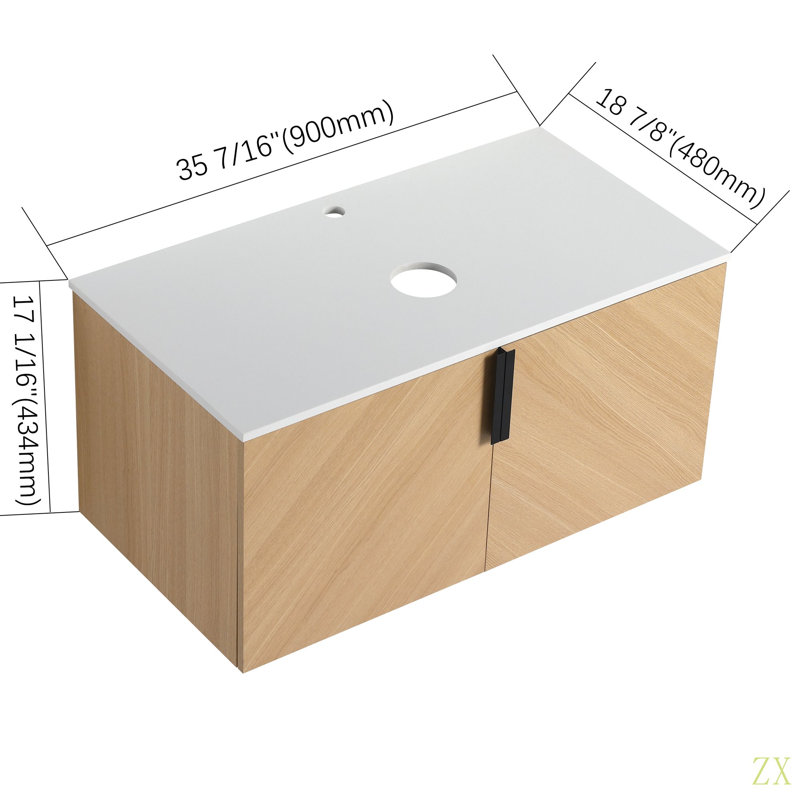 Meuble-lavabo de 36 po avec dalle de pierre artificielle, porte à fermeture en douceur, montage mural, emballage KD (meuble-lavabo seulement, sans lavabo)