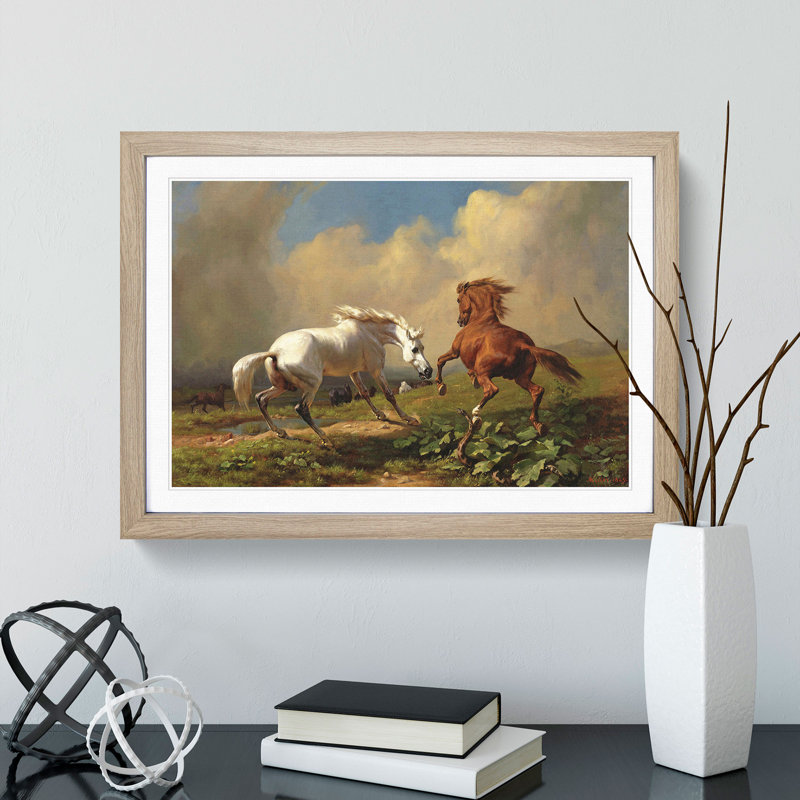 Two Horses by George Stubbs - Picture Frame Painting on MDF, Oak Framed, 36cm H x 48cm W x 2cm D