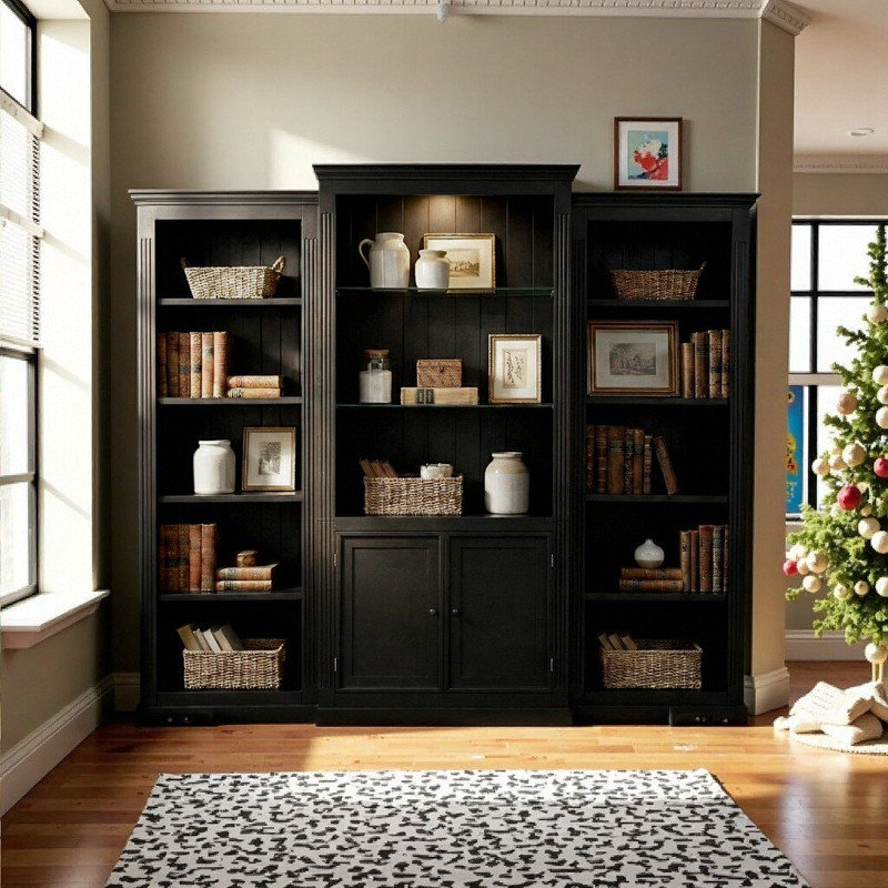 Ensemble de bibliothèque et de présentoir 3 pièces avec plafonnier à DEL réglable et tablettes en verre trempé de 6 mm, Noir