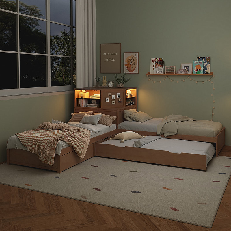 L-Shaped Combination Twin Bed With Trundle And Drawer,3-In-1 Low Corner Platform Bed Linked With Built-In Desk And Led Downlight