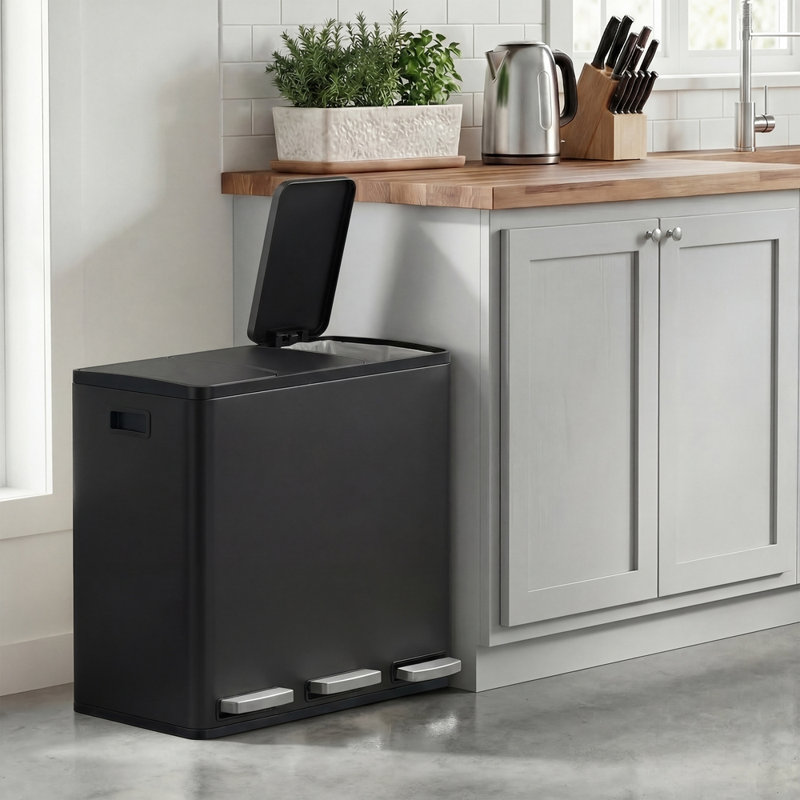 62×35.3×54cm Stainless Steel Step On Multi-Compartment Rubbish & Recycling Bin - 54L, Black