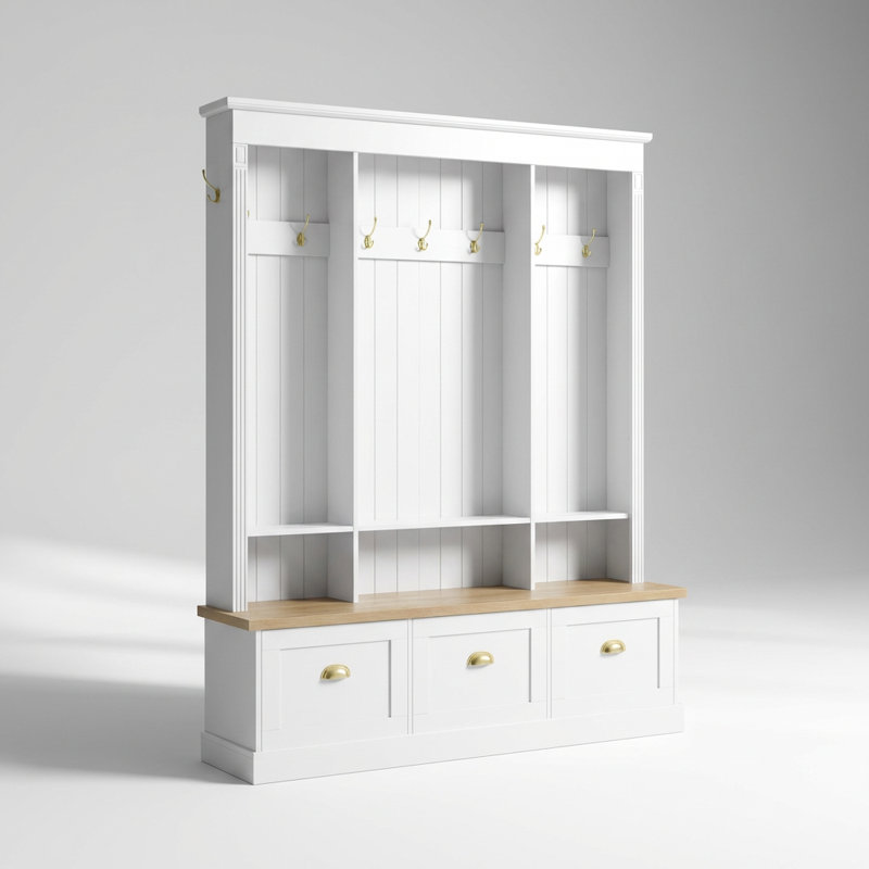 App-Controlled LED Illuminated Entryway Hall Tree with Storage Bench, Cabinets, and Shelves for Organized Home Entry, White