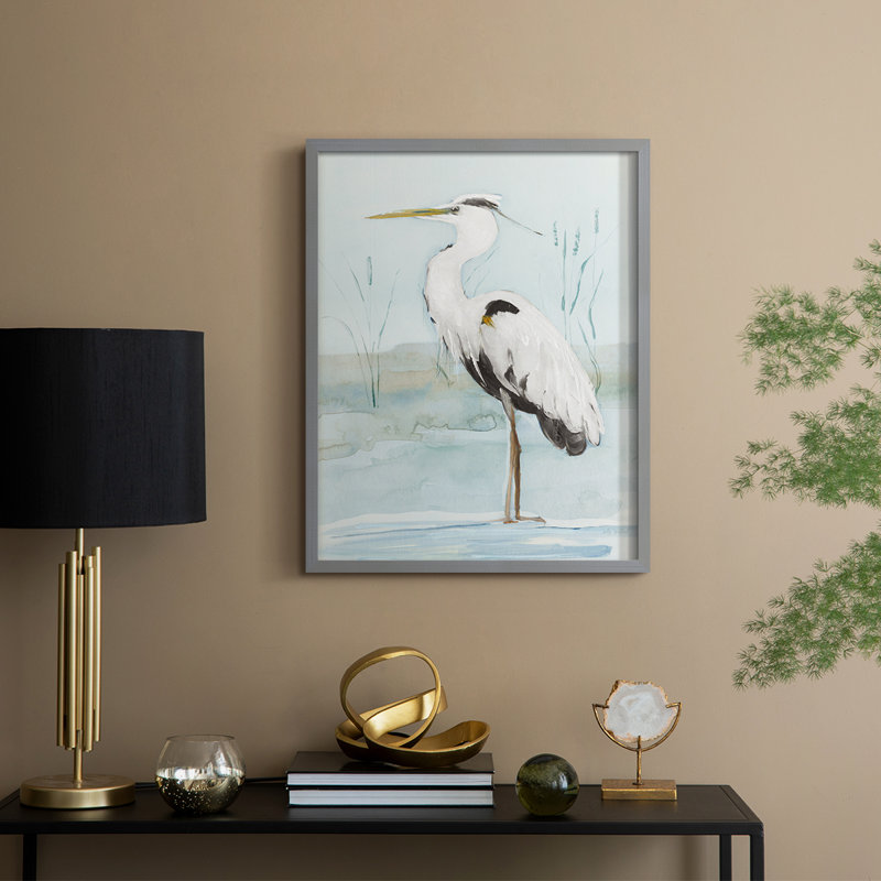 Heron on Blue II, reproduction encadrée - bois massif, Gris, H 11 po x l 9 po
