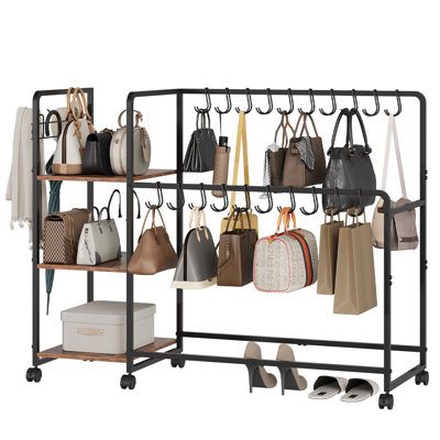 Étagère de rangement pour sac à main à 3 niveaux avec 20 cintres et 3 crochets latéraux, étagère de rangement pour sac à main en bois avec roues mobiles, grand support de rangement pour sac à main pour chambre à coucher, vestiaire, vestibule, vestiaire