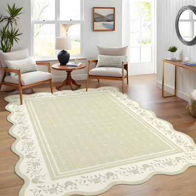 Tapis élégant festonné à motif floral festonné avec envers en TPR antidérapant pour le salon, la chambre à coucher, la salle à manger et le bureau personnel