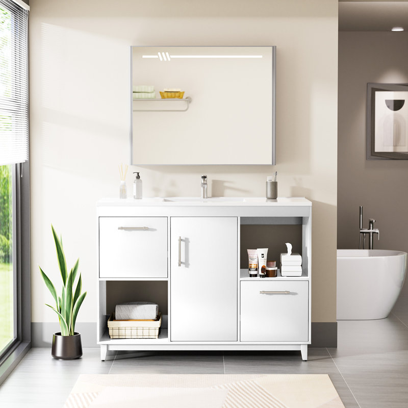 48'' Single Bathroom Vanity With Resin Top And Sink Freestanding, White