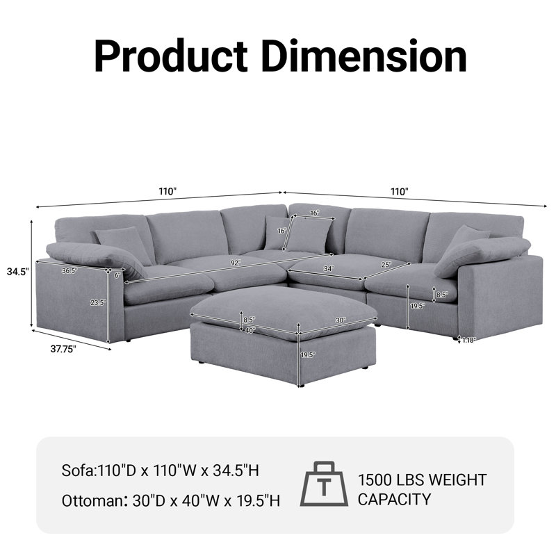 110"W 6-piece Sectional Corner Sofa Chenille Oversized Upholstered Modular Deep Seat Couch With Removable Ottoman & Pillows