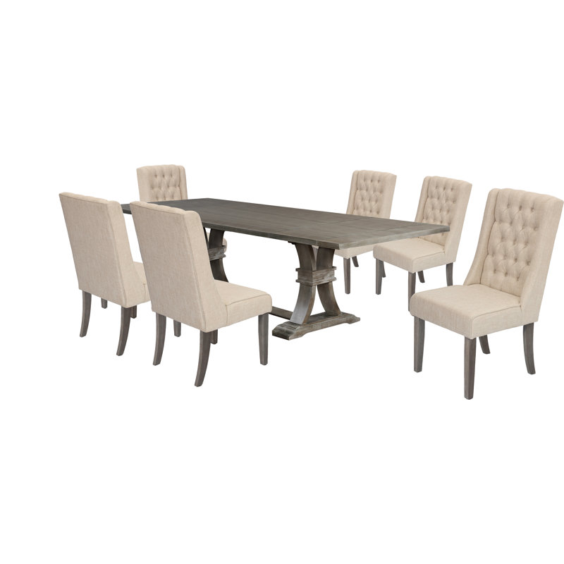 Table de salle à manger à rallonge en bois rustique de 72 po à 104 po avec chaises en lin capitonnées Dions, Gris rustique, 7