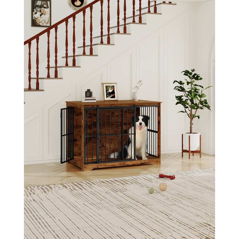 XL Large Dog Crate Furniture, Indoor Dog Kennel Furniture with Barn Door, Wooden Tall Dog Crate, Heavy Duty Dog Cage for Large Dogs, Side End Table, Anti-Chew
