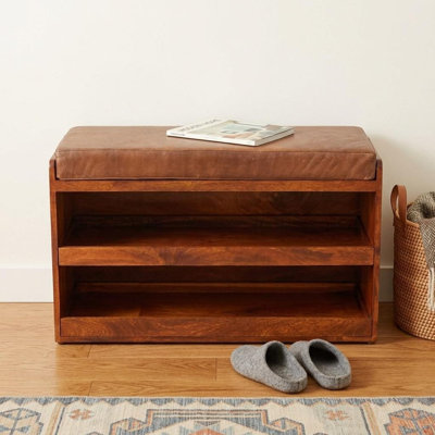 Banc de rangement rembourré en cuir véritable et bois massif 35 pouces Gracie Mills