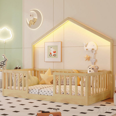Twin Floor Bed with High Rails, Wooden Montessori Bed with Light for Kids,Natural