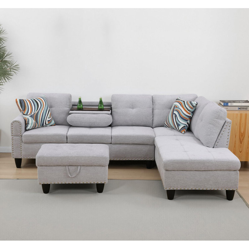 3 - Piece Upholstery Sectional, White Grey Linen, Right Hand Facing