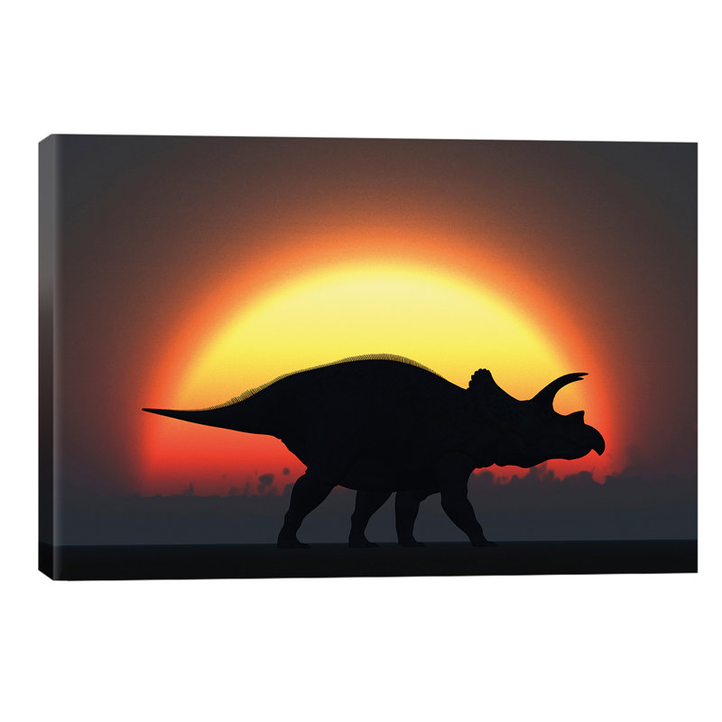 A Silhouetted Triceratops Strolling Past AaSetting Sun at the End of a Prehistoric Day 1 Piece Wrapped Canvas Wall Art