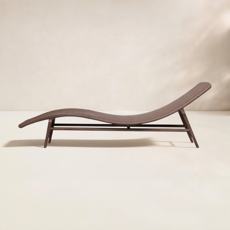 Janine Outdoor Teak Wood Chaise Lounge, Stained Saddle Brown, Tanned Weave