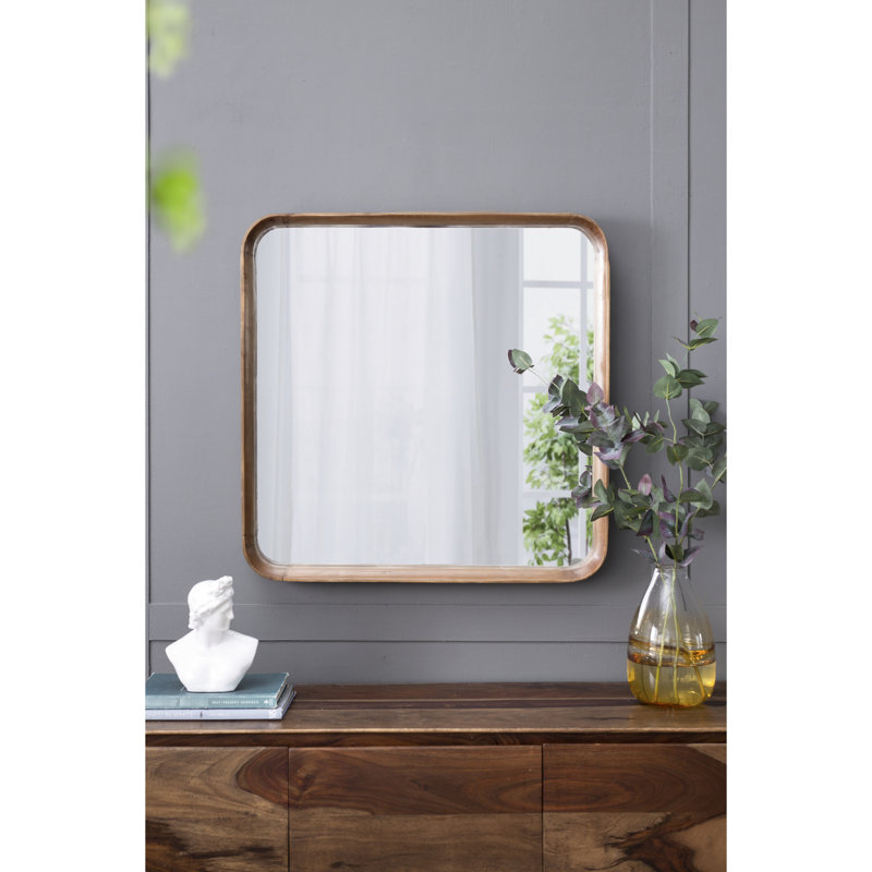 Miroir mural avec cadre en bois - 32 po x 32 po, design minimaliste pour le salon, la salle de bain et le vestibule. Bords incurvés doux, miroir 29,9 po x 29,9 po, bois de pin à 50%, 19,6 lb, brun style carré 32 po x 32 po