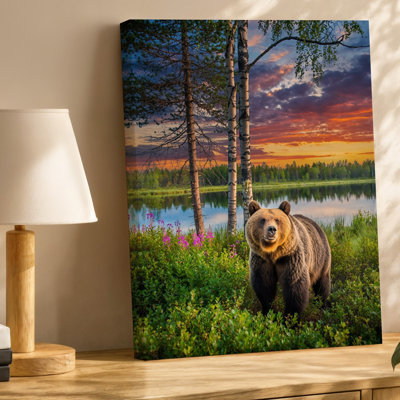 Canvas In A Vibrant Forest Scene At Sunset A Majestic Brown Wall Art Bear Stands Prominently In The Foreground Its Thick Fur Glowing Canvas Wall Art