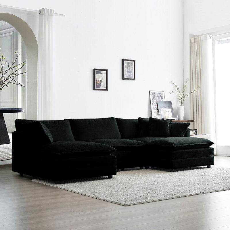 5 canapé convertible en forme de U, 2 repose-pieds, chenille noire, repose-pieds réversible avec repose-pieds, canapé modulaire