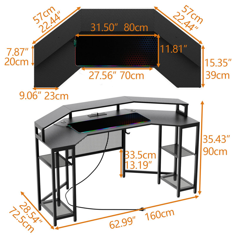 Bureau d'ordinateur en L avec tablette de rangement et prises de courant en L de 63 po Maurece