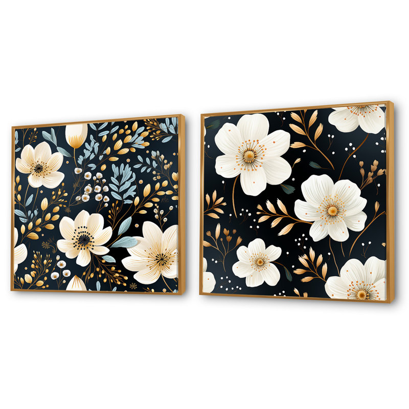 Ezio - Ensemble de 2 collages carrés floraux, Cadre flottant doré, H 36 po x l 73 po