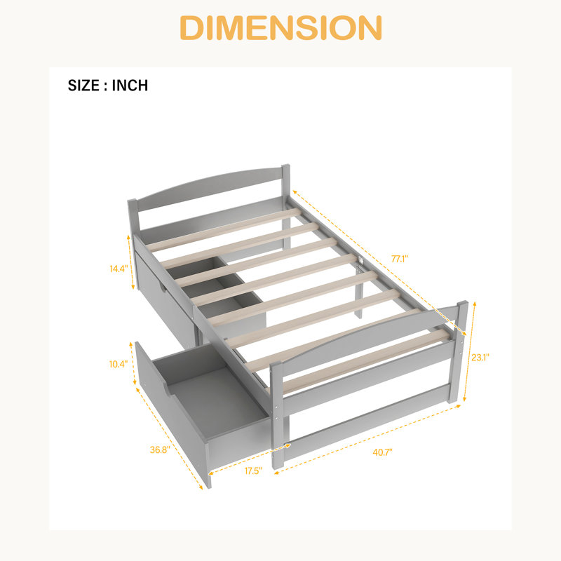 Lit plateforme simple avec deux tiroirs, Gris