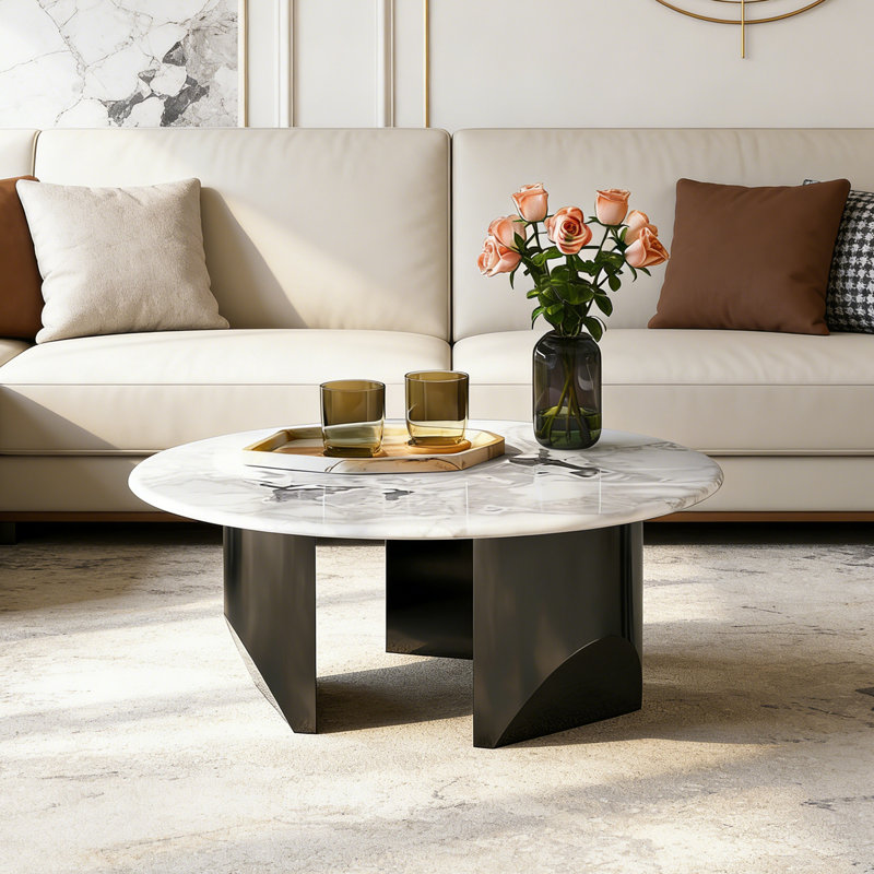 Table basse ronde moderne en marbre minimaliste, H 15,4 po x L 47,2 po x l 47,2 po