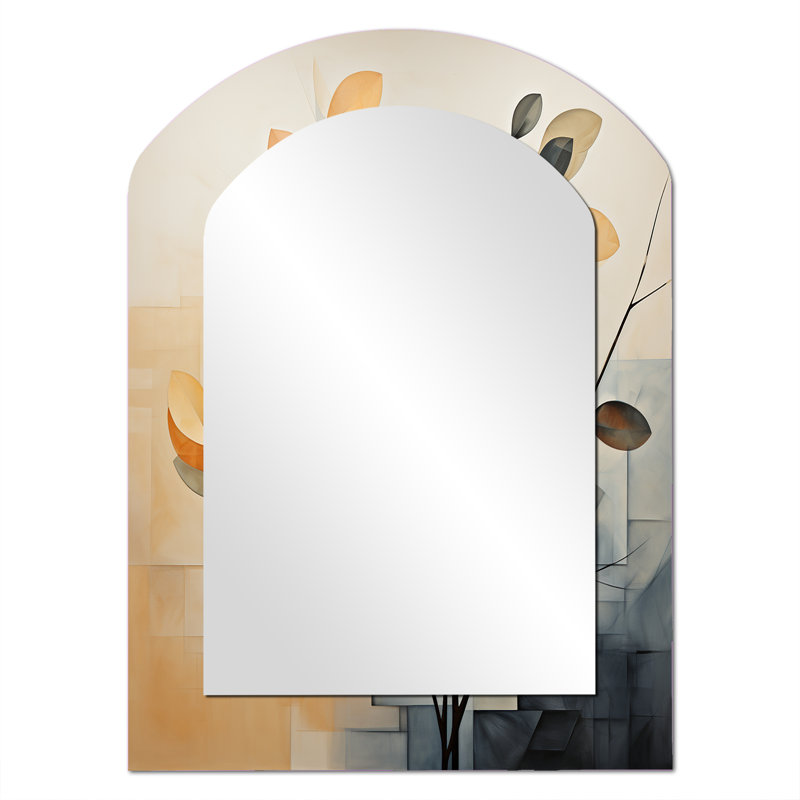 Abstract Apricot Leaves Collage II - Leaves Asymmetrical Unique Wall Mirror Decor, Orange Arch Large Mirror, Printed Metal Art