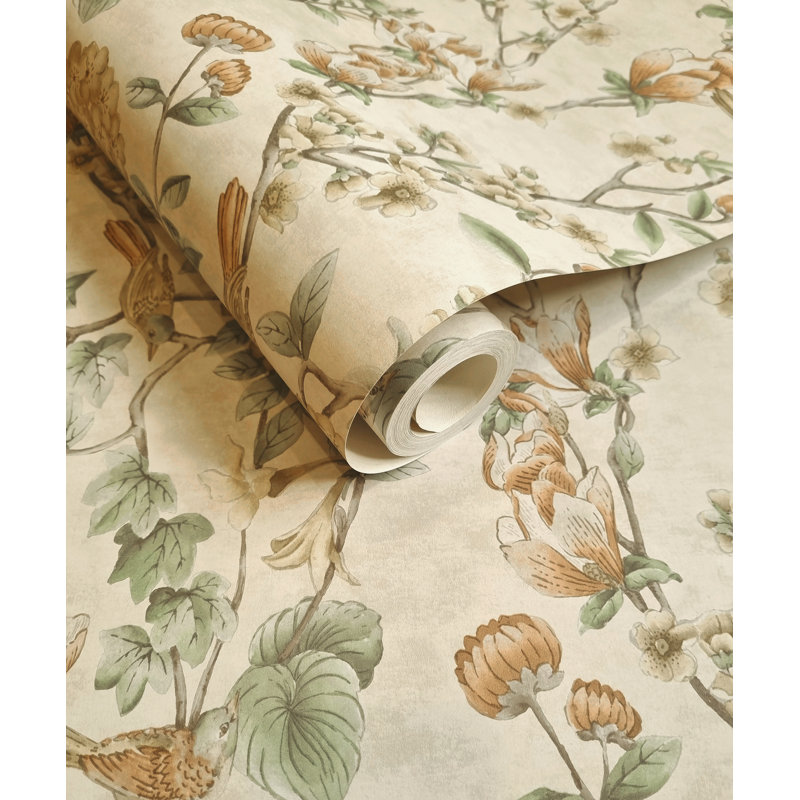 Papier peint floral non tissé jaune, Crème